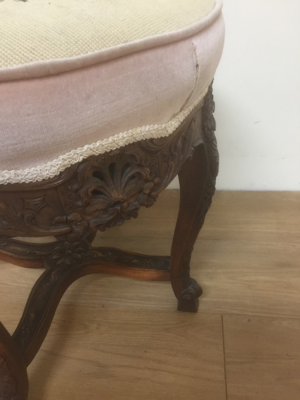 French carved walnut stool on cabriole legs  View II
