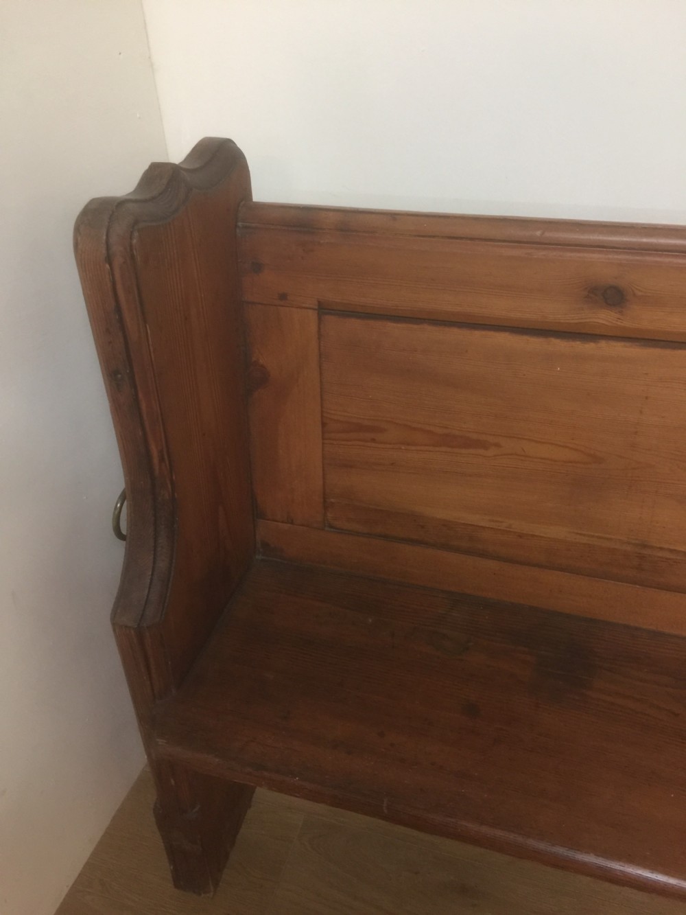 Victorian gothic Pitch pine pew with decorative ends  View II