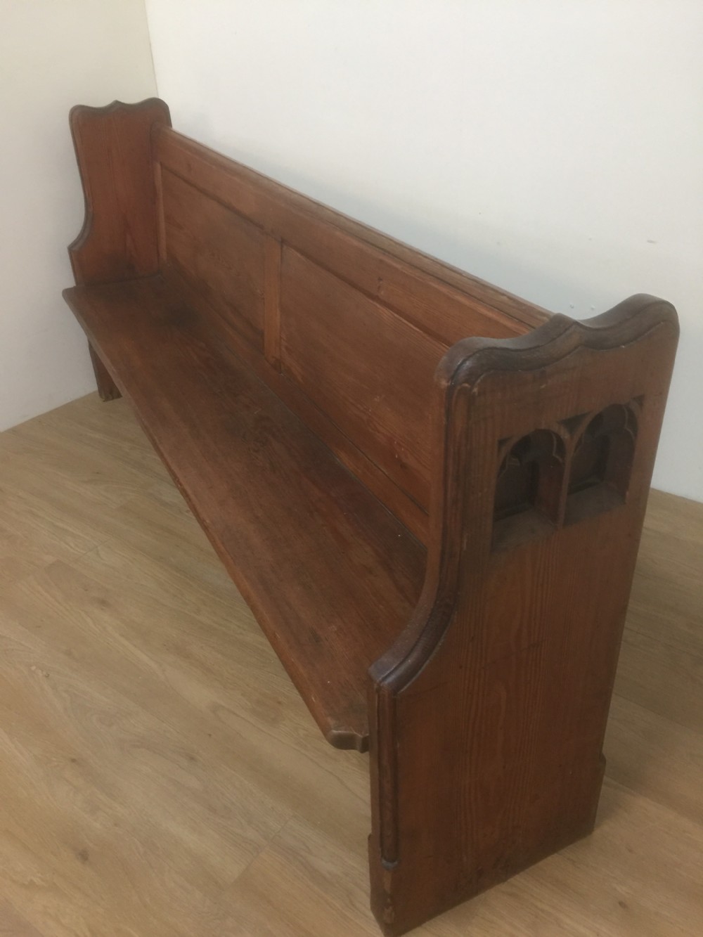 Victorian gothic Pitch pine pew with decorative ends  View V