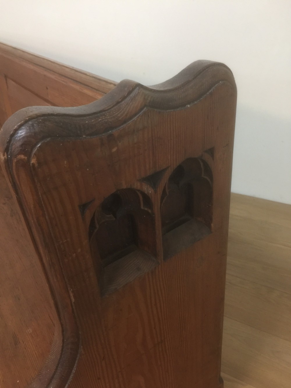 Victorian gothic Pitch pine pew with decorative ends  View VI