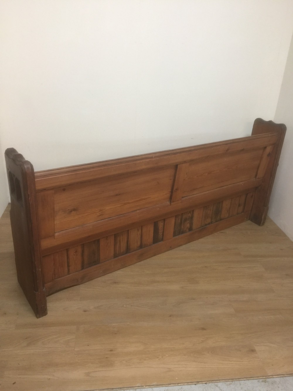 Victorian gothic Pitch pine pew with decorative ends  View IX