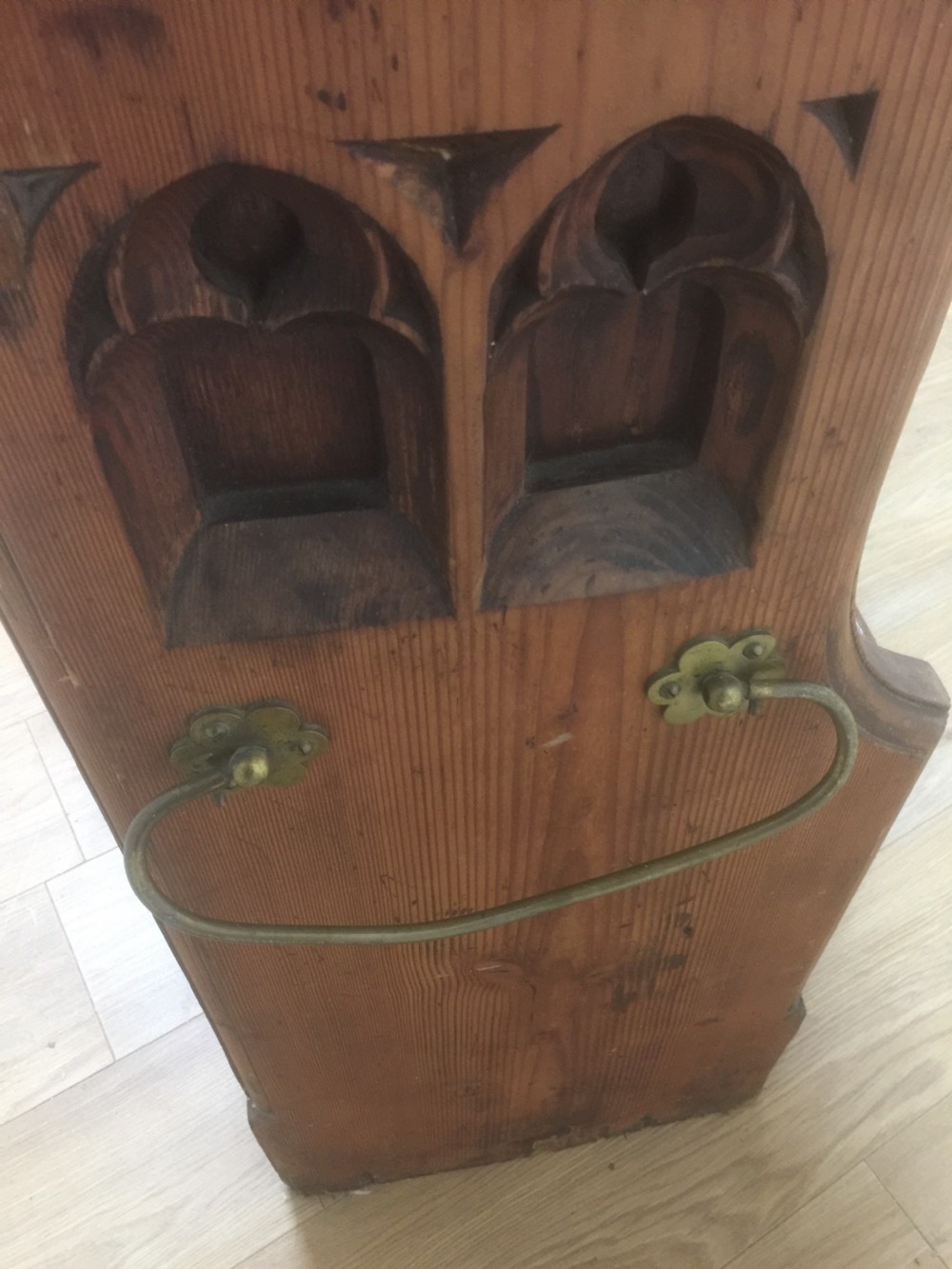 Victorian gothic Pitch pine pew with decorative ends  View XI