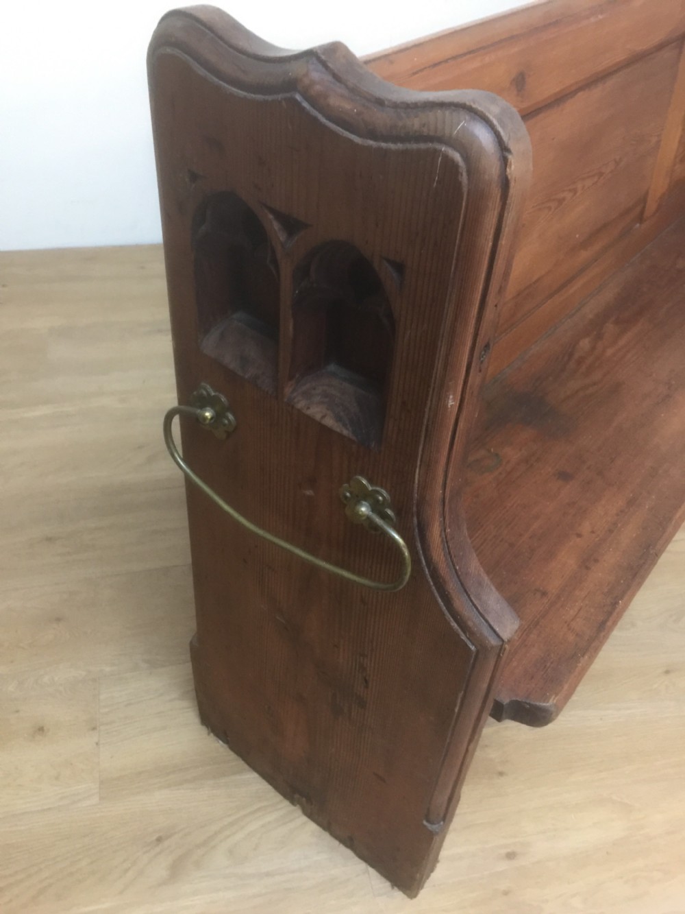 Victorian gothic Pitch pine pew with decorative ends  View XII
