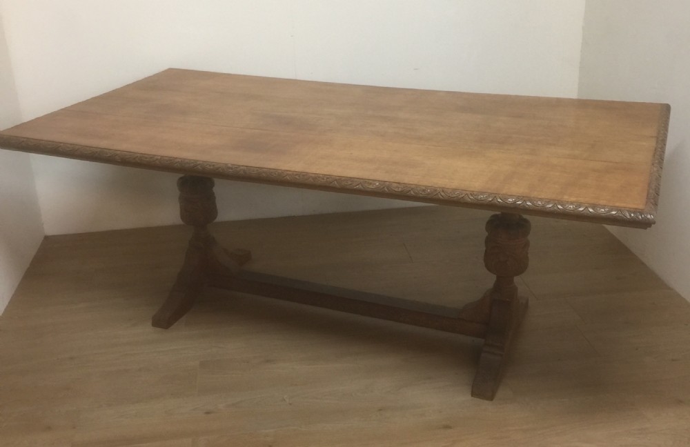 Edwardian solid golden oak Refectory  Table on Carved baluster legs 