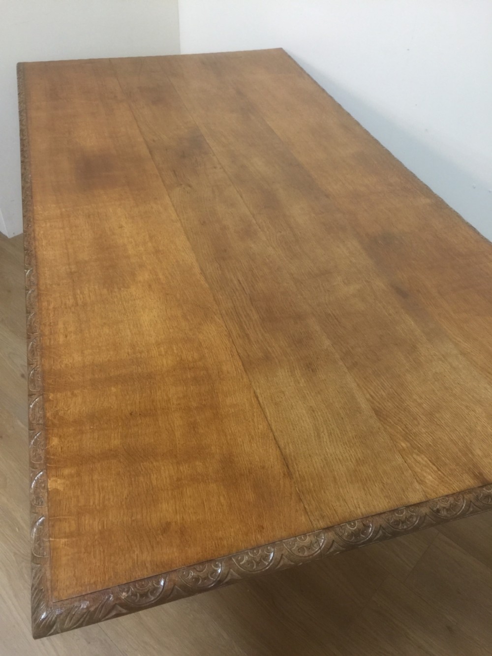 Edwardian solid golden oak Refectory  Table on Carved baluster legs  View II