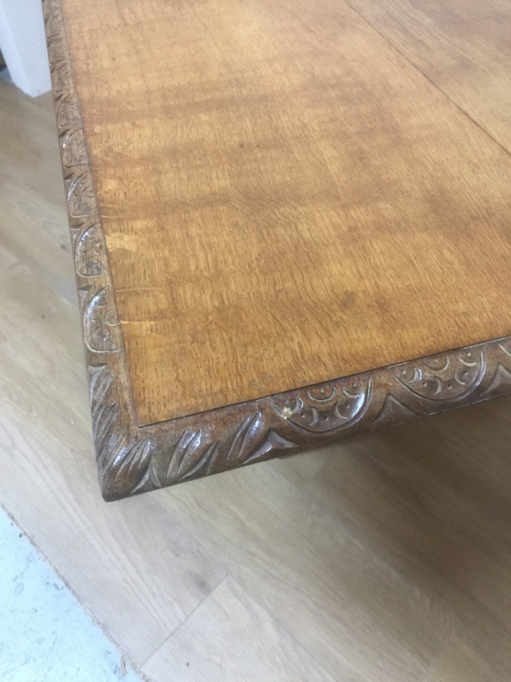 Edwardian solid golden oak Refectory  Table on Carved baluster legs  View III