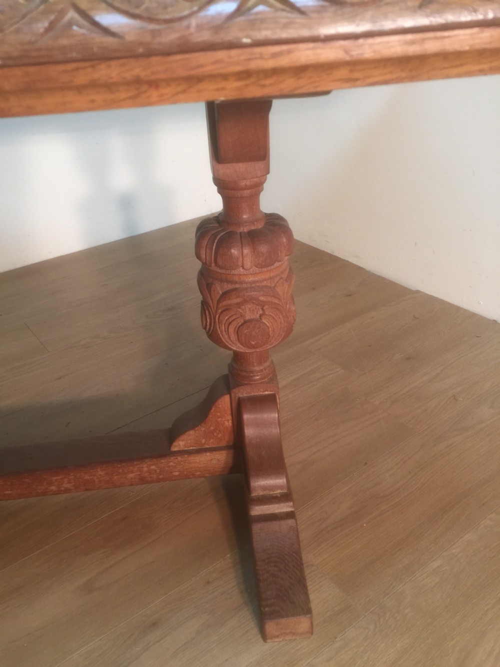 Edwardian solid golden oak Refectory  Table on Carved baluster legs  View IV