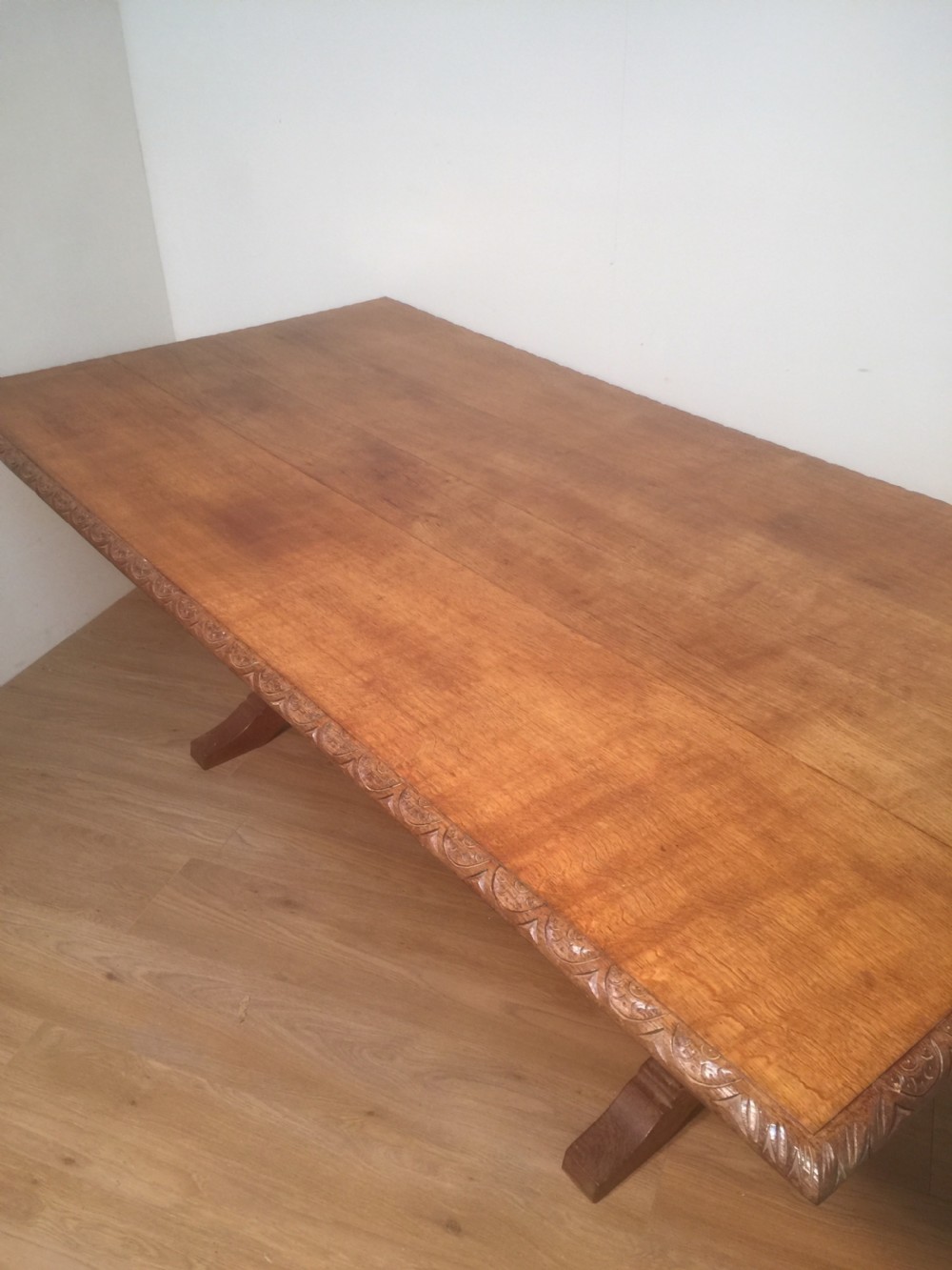 Edwardian solid golden oak Refectory  Table on Carved baluster legs  View VII