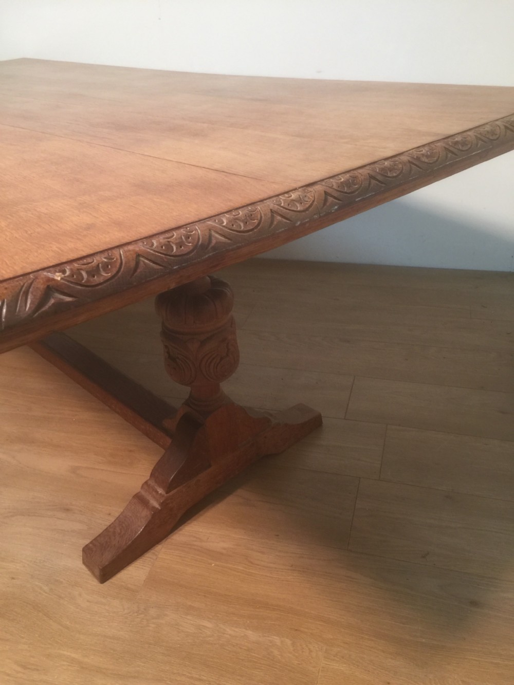 Edwardian solid golden oak Refectory  Table on Carved baluster legs  View VIII