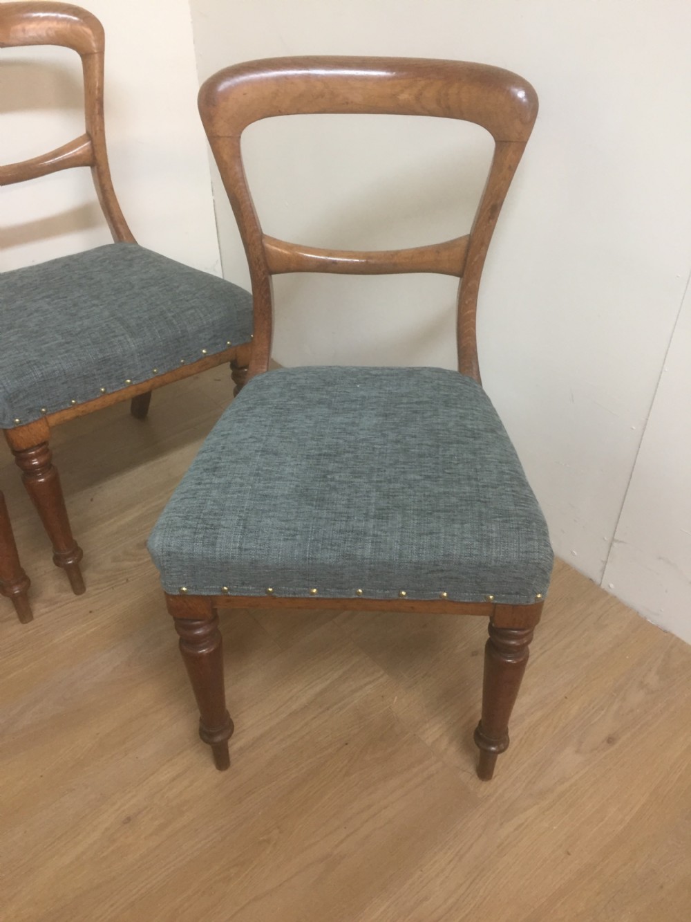 Six. Nineteenth century golden oak dining chairs  View II