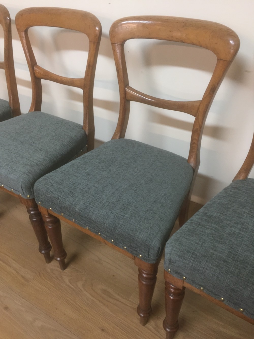 Six. Nineteenth century golden oak dining chairs  View V