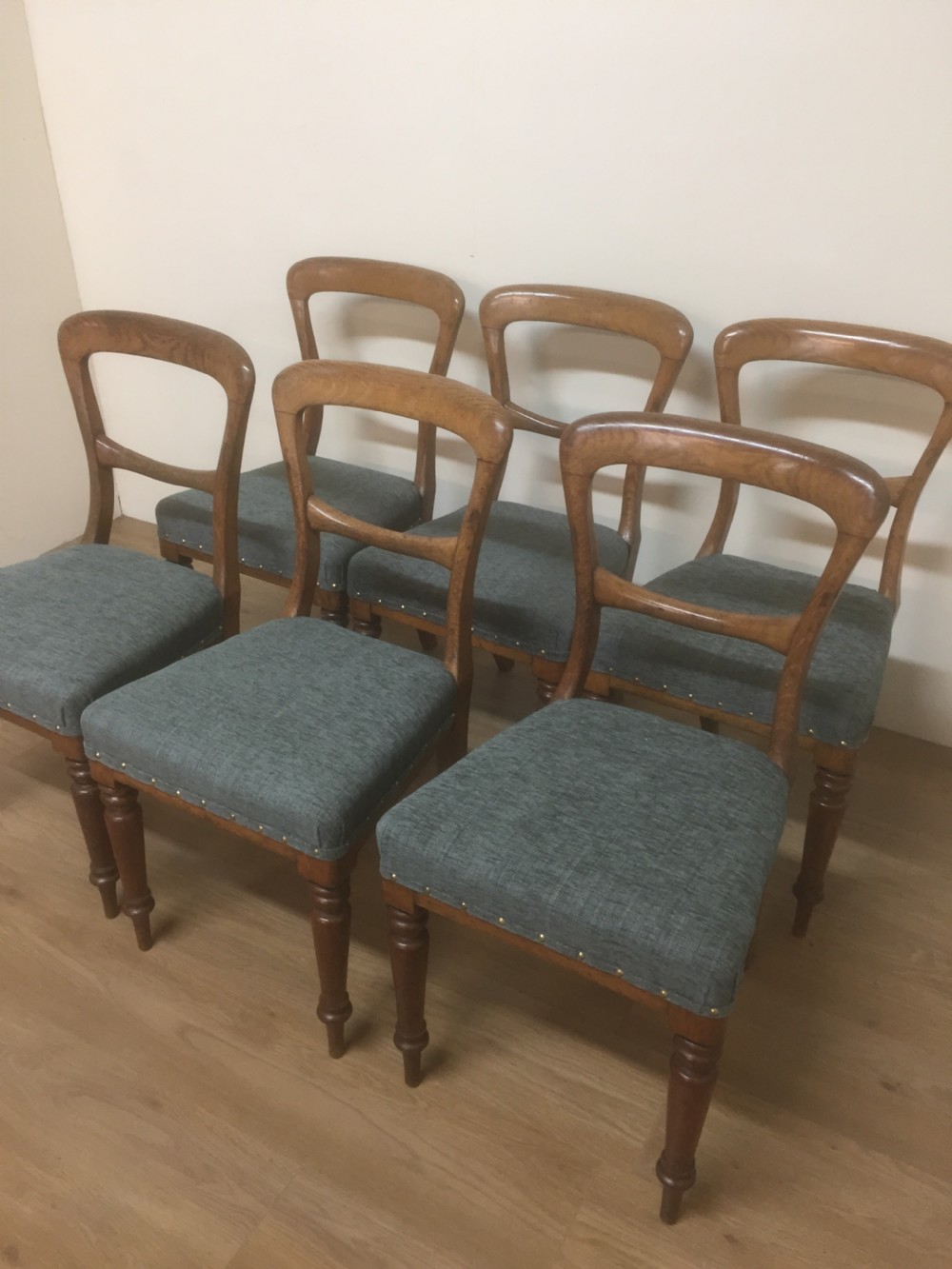 Six. Nineteenth century golden oak dining chairs  View X