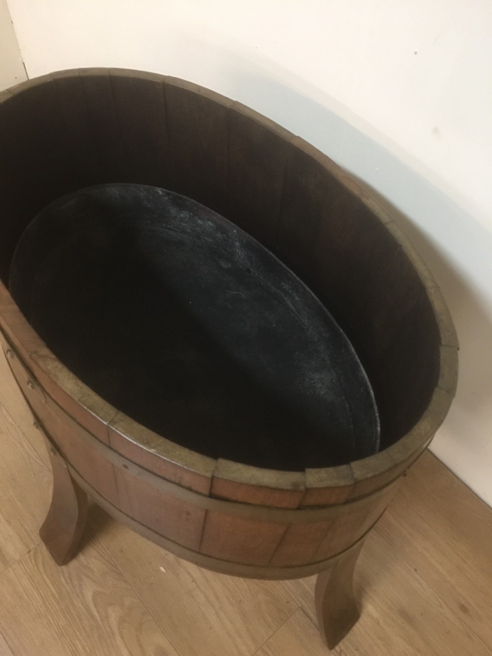 Victorian oval golden oak coopered planter -log bin View II