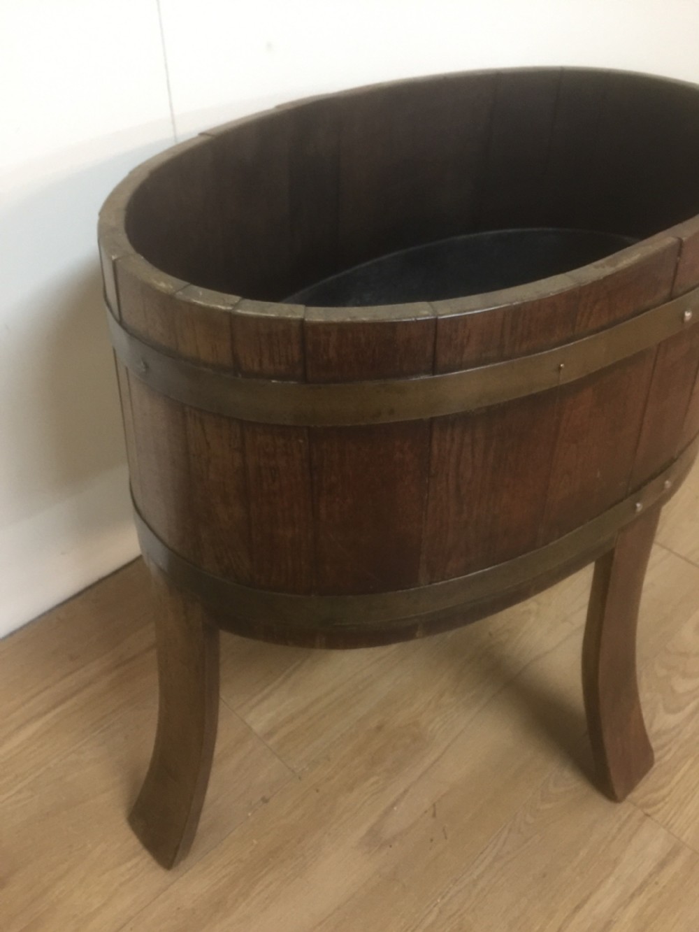 Victorian oval golden oak coopered planter -log bin View III
