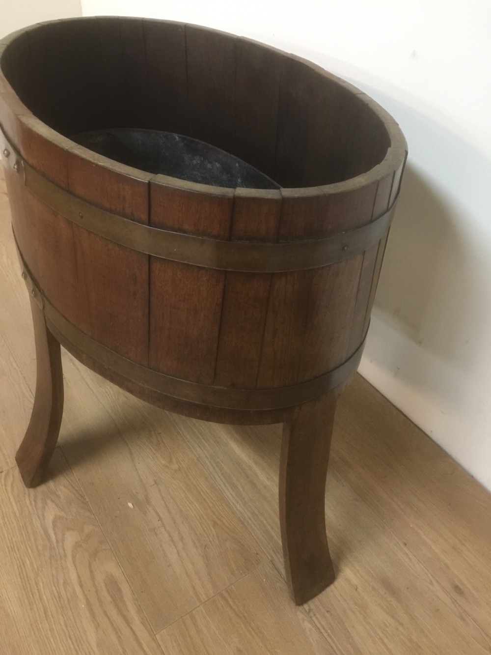 Victorian oval golden oak coopered planter -log bin View IV
