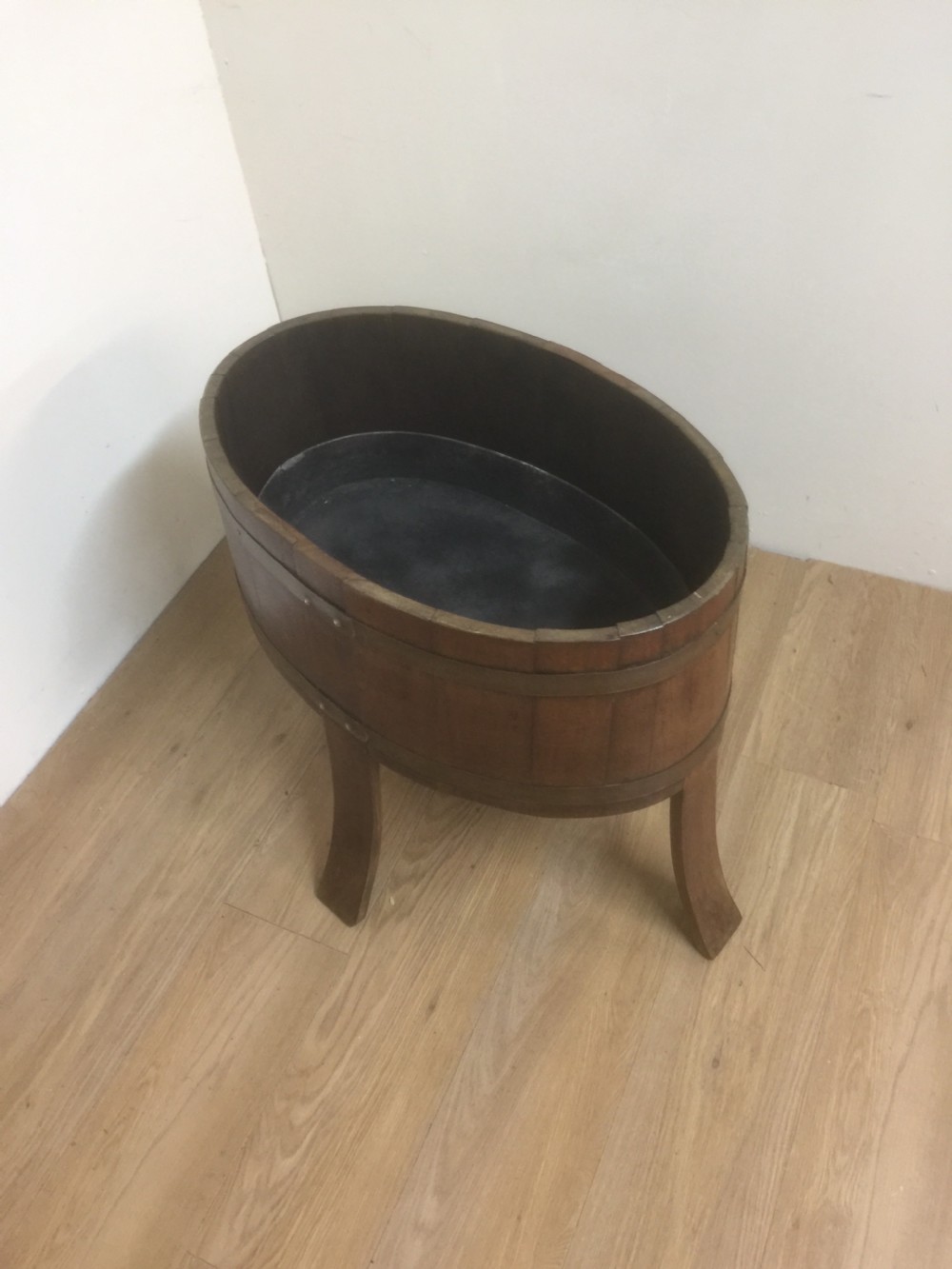 Victorian oval golden oak coopered planter -log bin View X