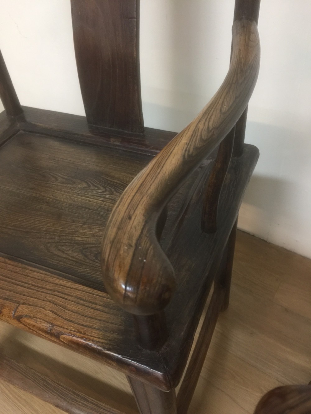 Pair Late nineteenth century Chinese elm yoke chairs  View V