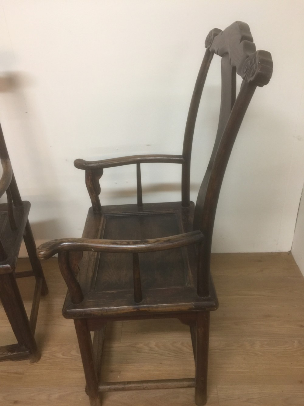 Pair Late nineteenth century Chinese elm yoke chairs  View VII