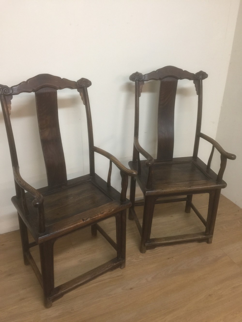 Pair Late nineteenth century Chinese elm yoke chairs  View XI
