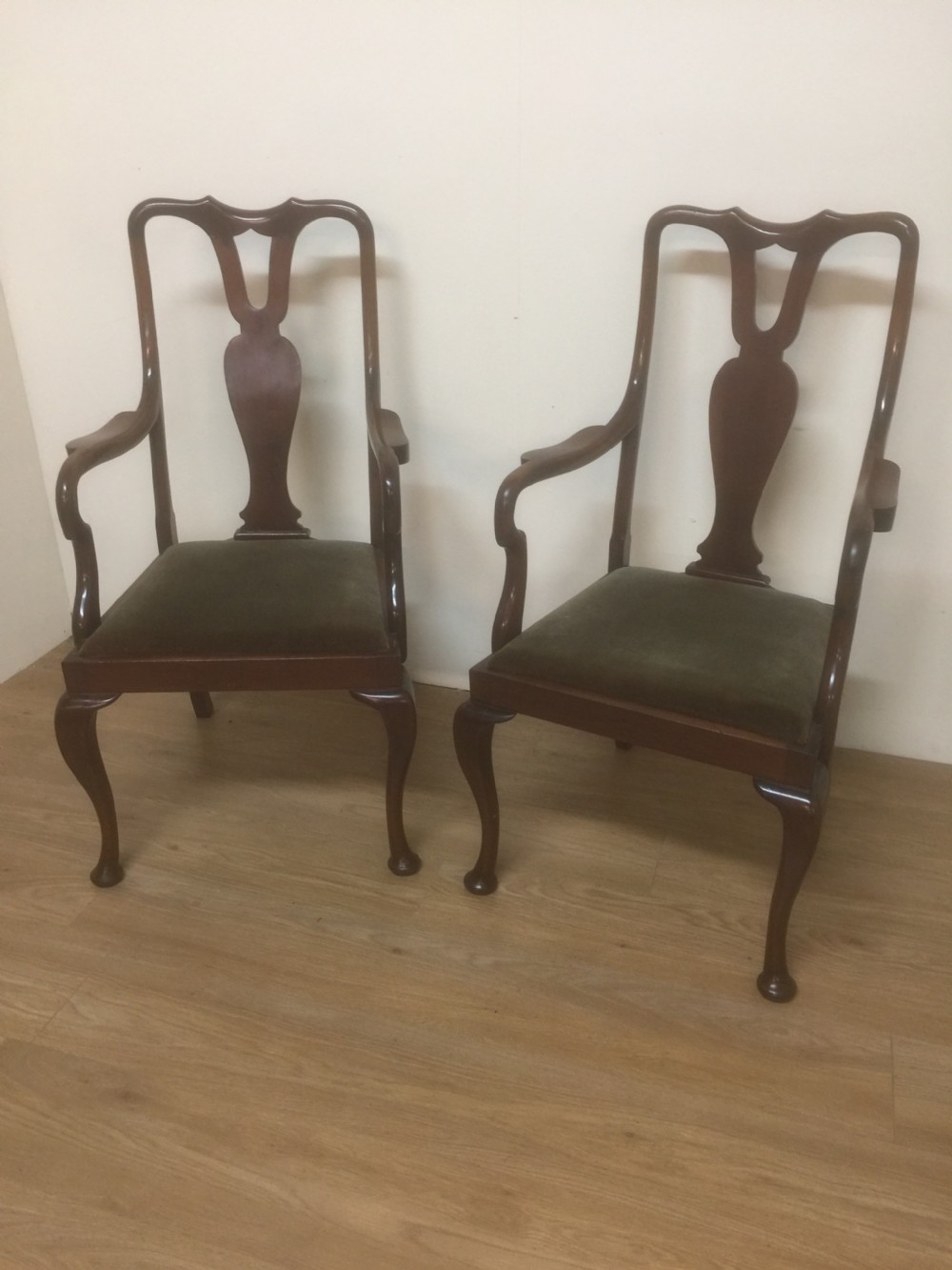 Pair Of Edwardian Queen Anne style mahogany carver chairs