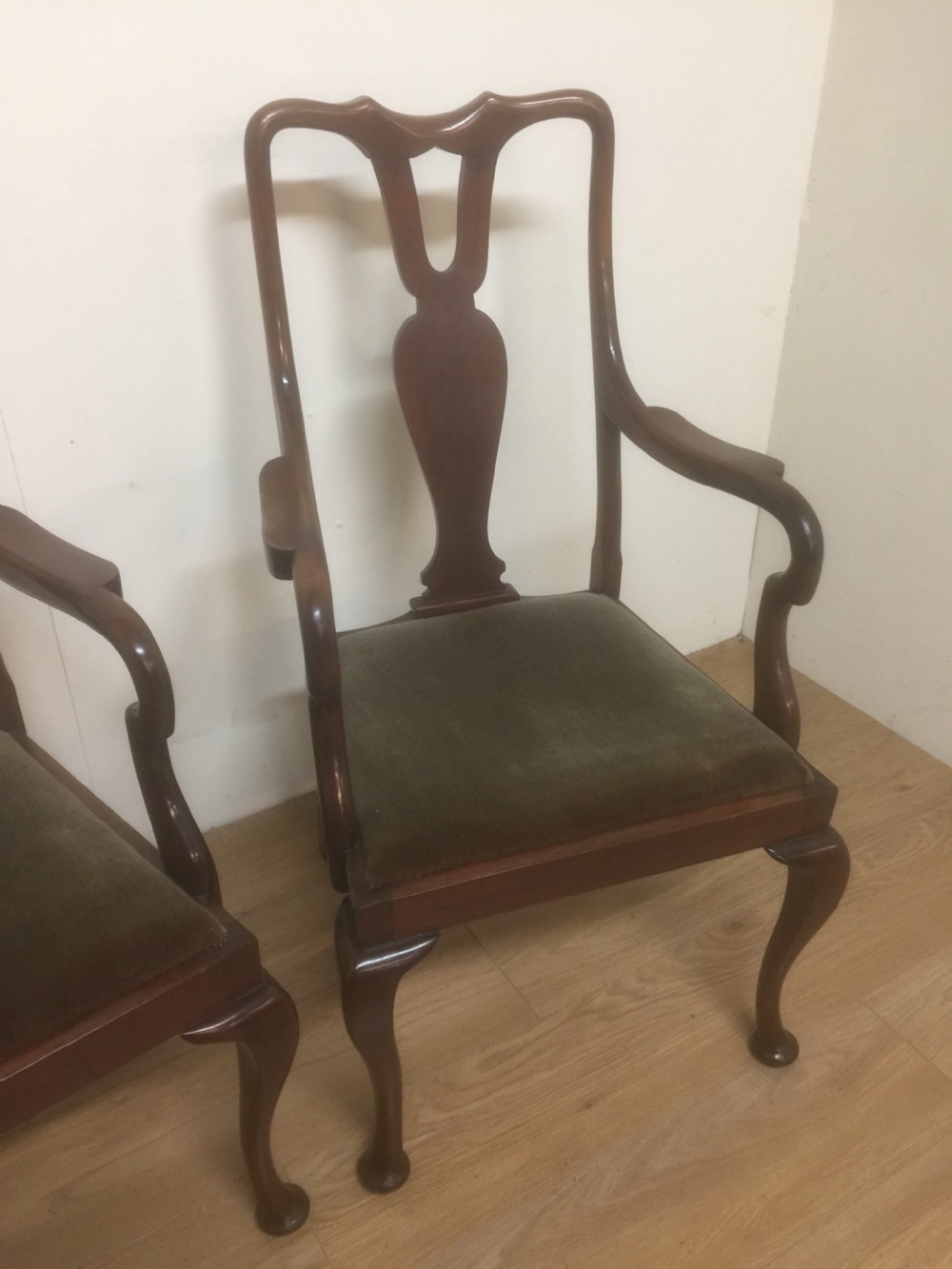 Pair Of Edwardian Queen Anne style mahogany carver chairs View VIII