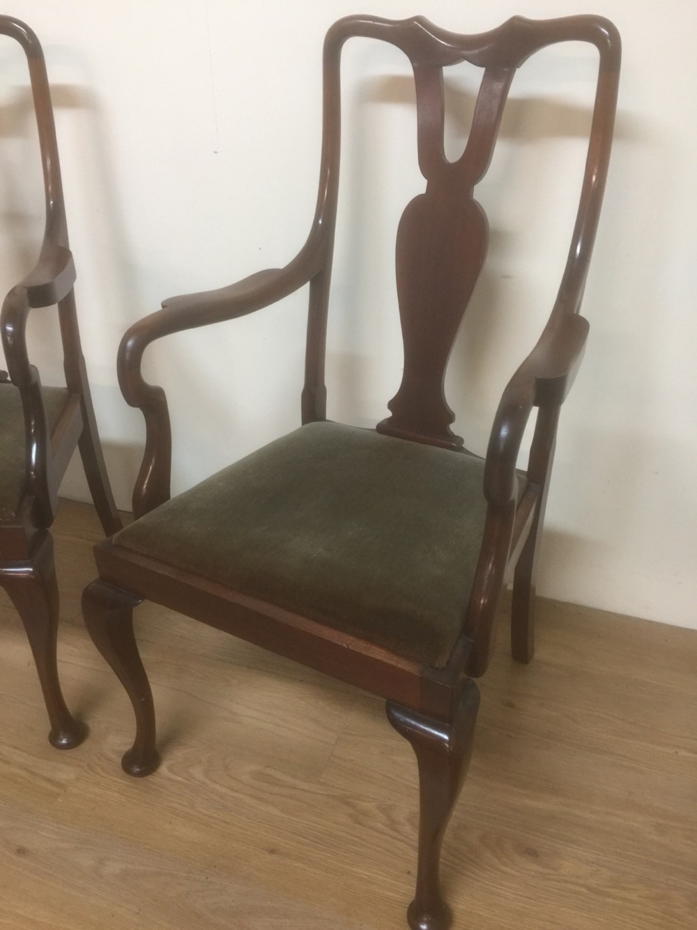 Pair Of Edwardian Queen Anne style mahogany carver chairs View IX