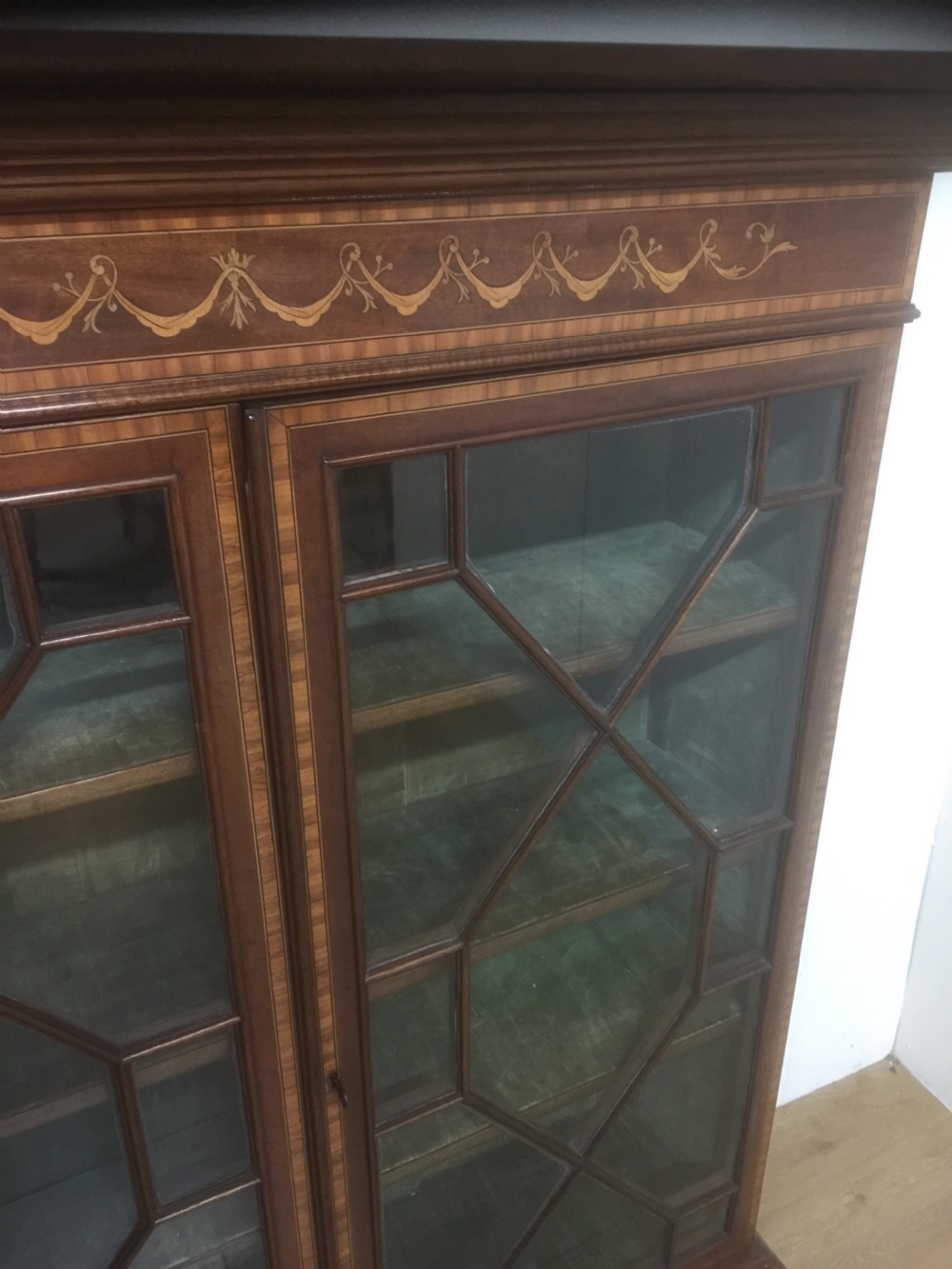 Edwardian inlaid mahogany freestanding glazed bookcase  View II
