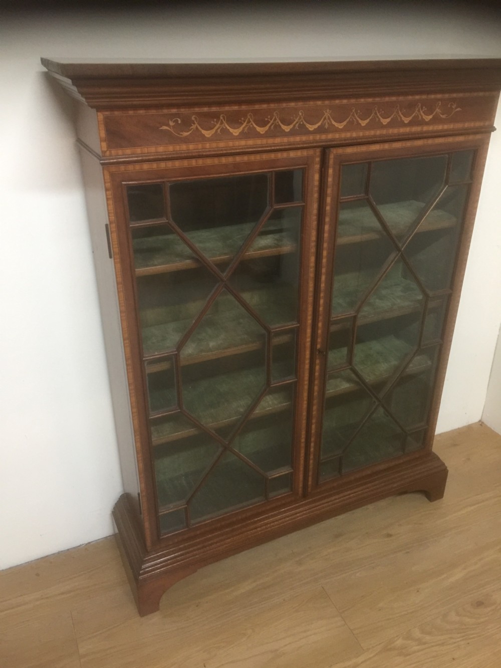 Edwardian inlaid mahogany freestanding glazed bookcase  View III