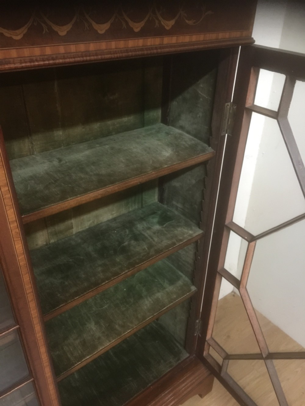 Edwardian inlaid mahogany freestanding glazed bookcase  View VI
