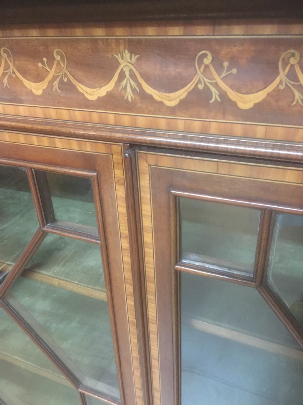Edwardian inlaid mahogany freestanding glazed bookcase  View IX