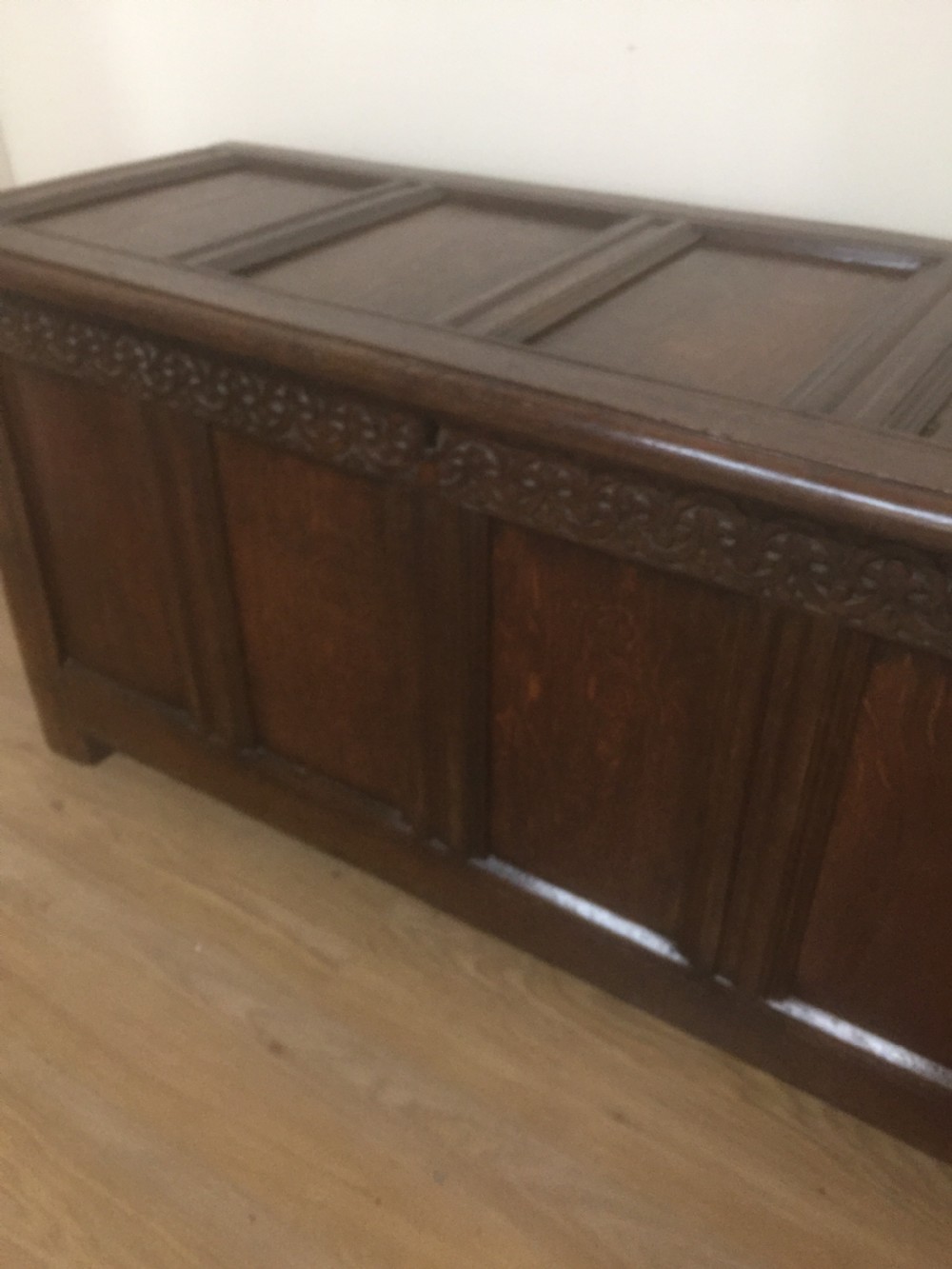 Eighteenth century oak coffer panelled top and sides  View II