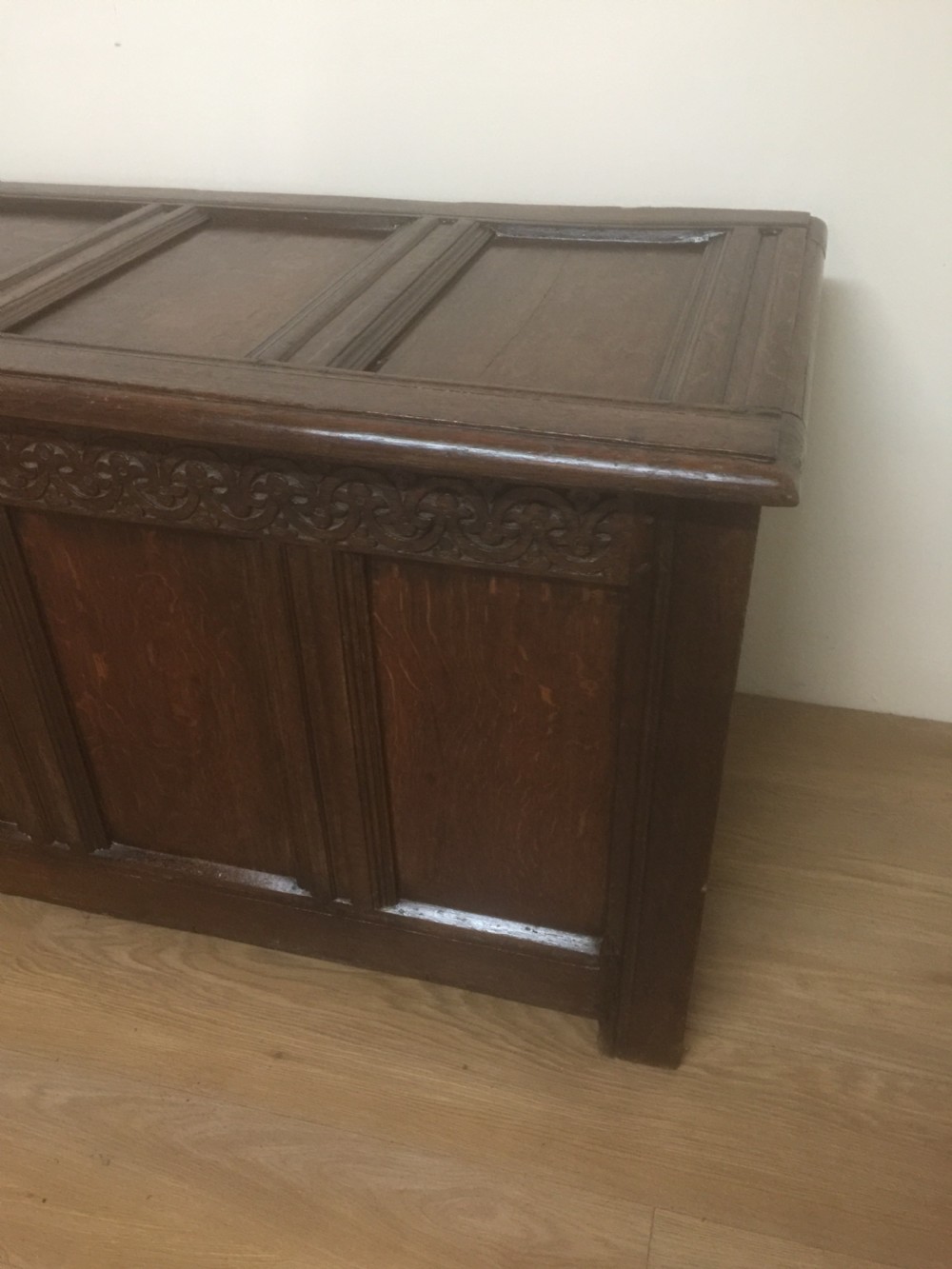 Eighteenth century oak coffer panelled top and sides  View III