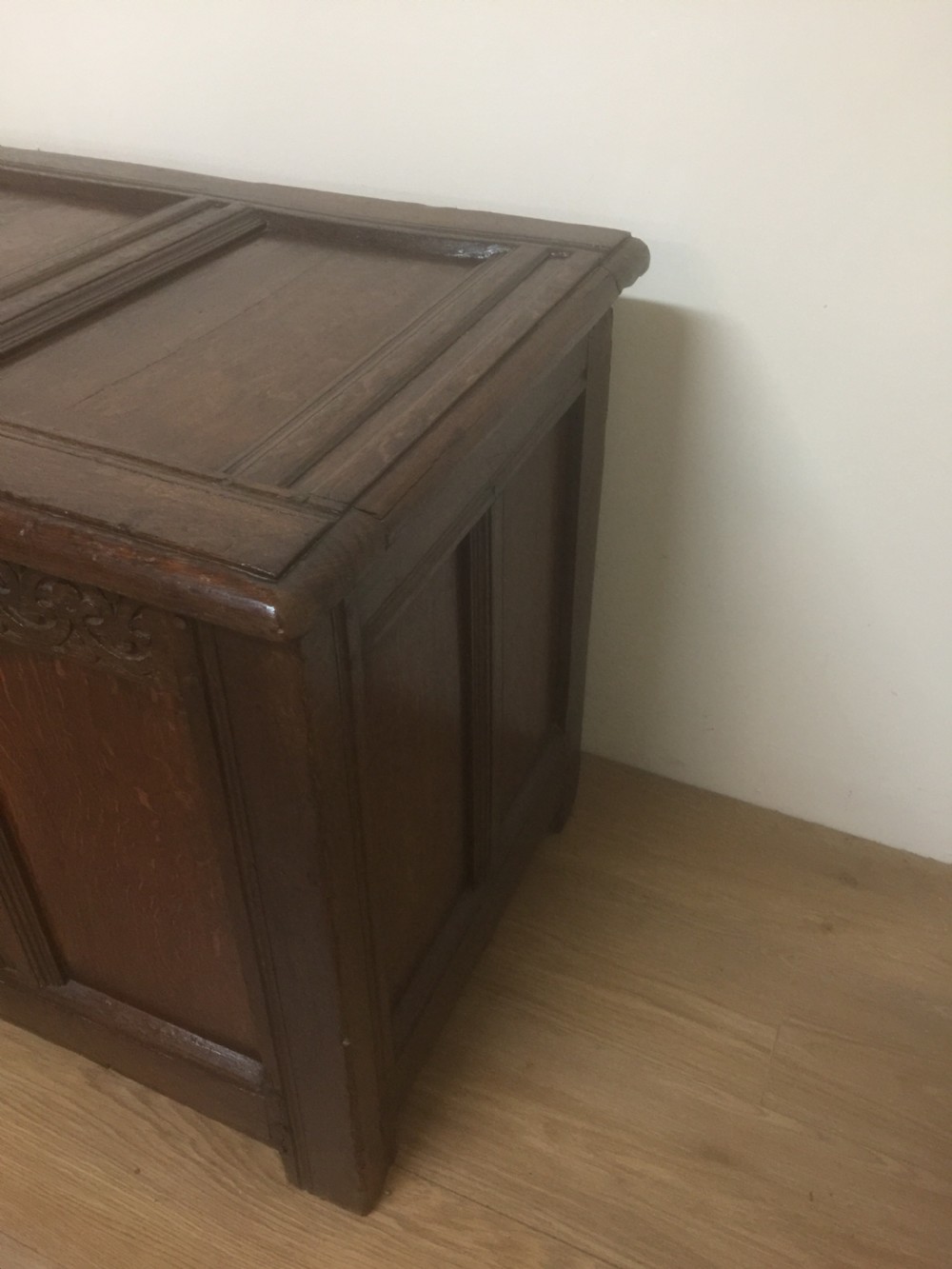Eighteenth century oak coffer panelled top and sides  View IV