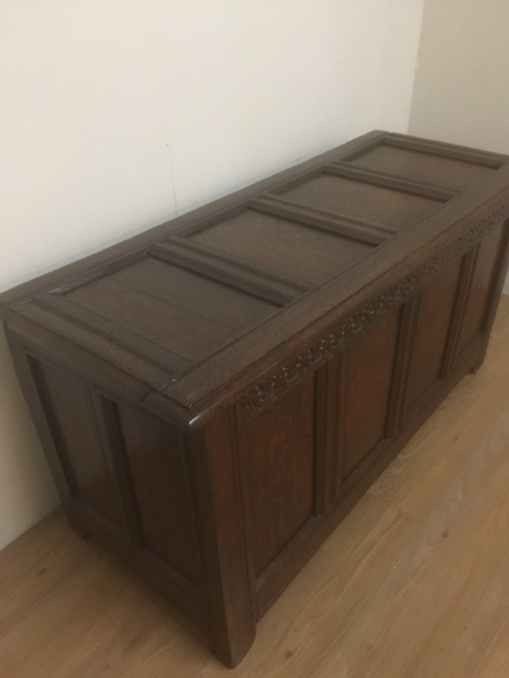 Eighteenth century oak coffer panelled top and sides  View V