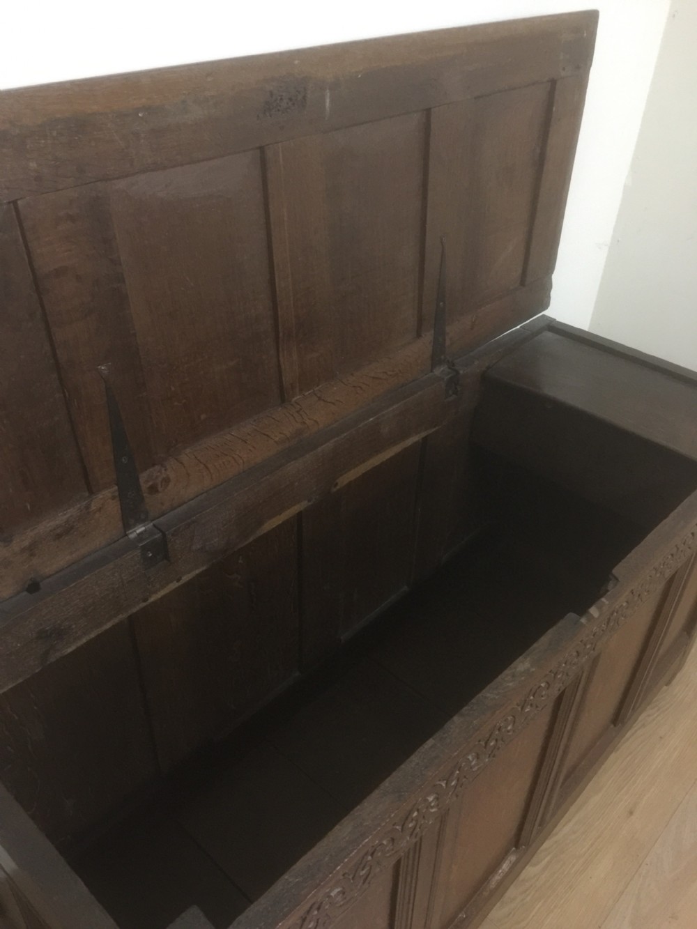 Eighteenth century oak coffer panelled top and sides  View VI