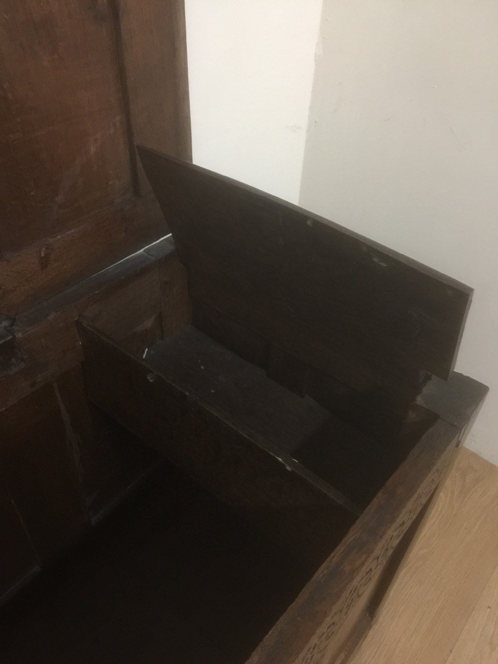 Eighteenth century oak coffer panelled top and sides  View VII