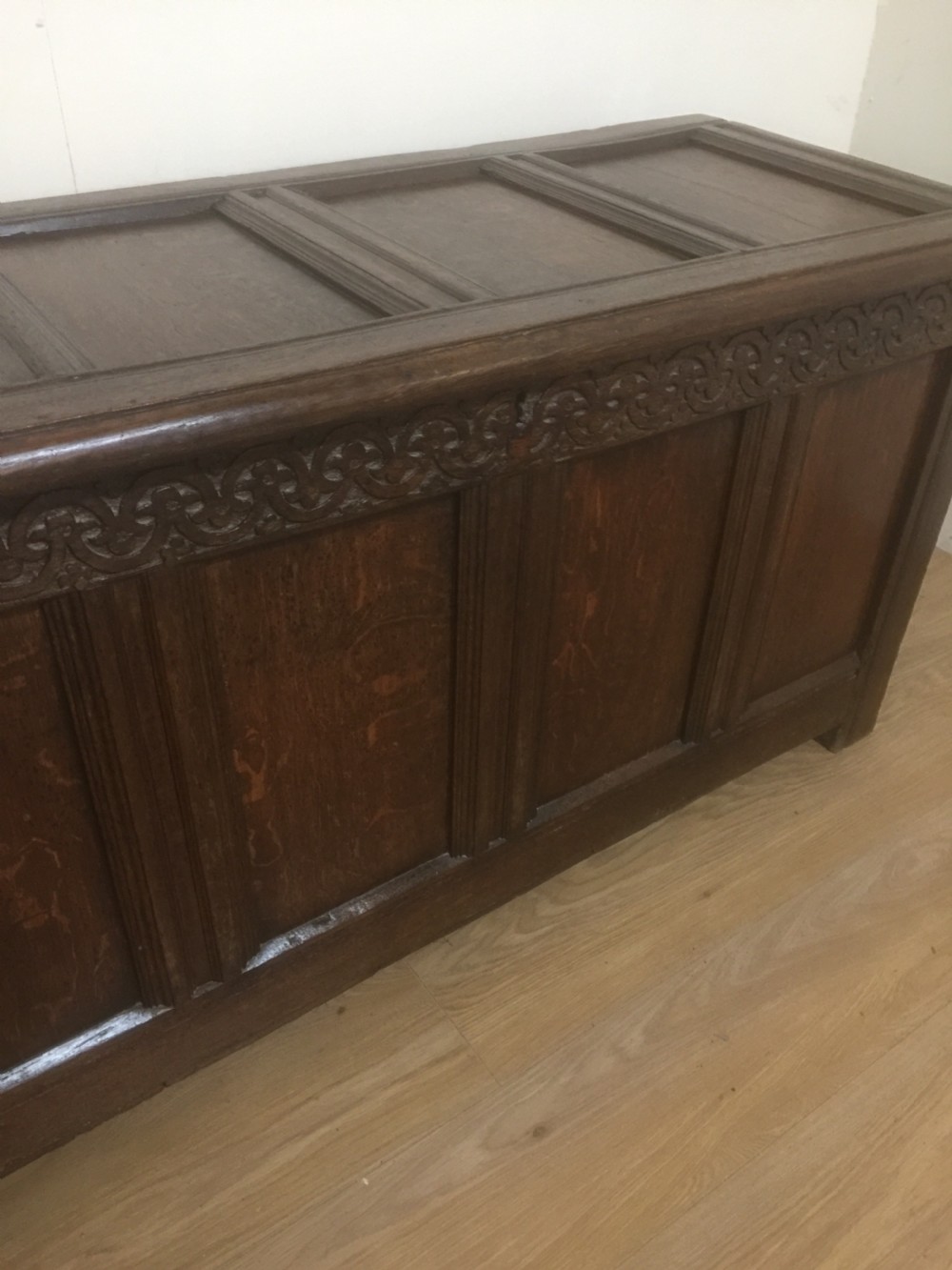Eighteenth century oak coffer panelled top and sides  View XI