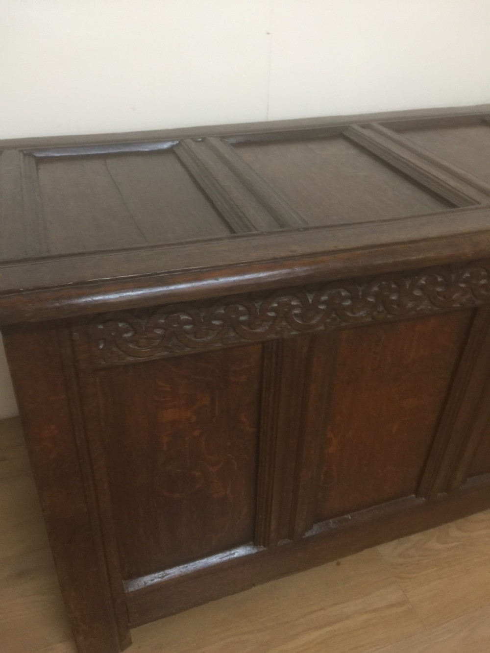 Eighteenth century oak coffer panelled top and sides  View XII
