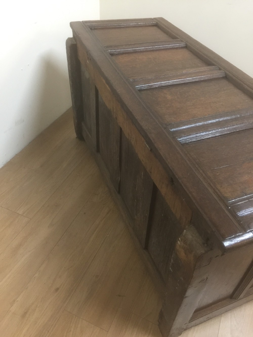 Eighteenth century oak coffer panelled top and sides  View XIII