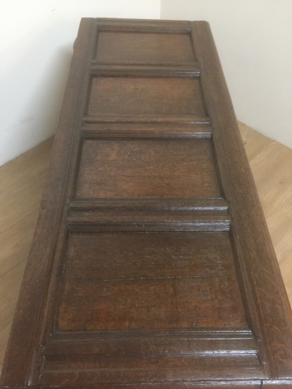 Eighteenth century oak coffer panelled top and sides  View XIV