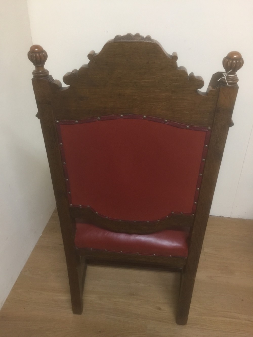 Victorian carved oak armchair in red leather View VII