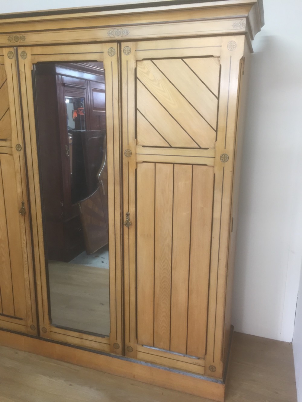 Victorian ash aesthetic movement three door compactum wardrobe  View III