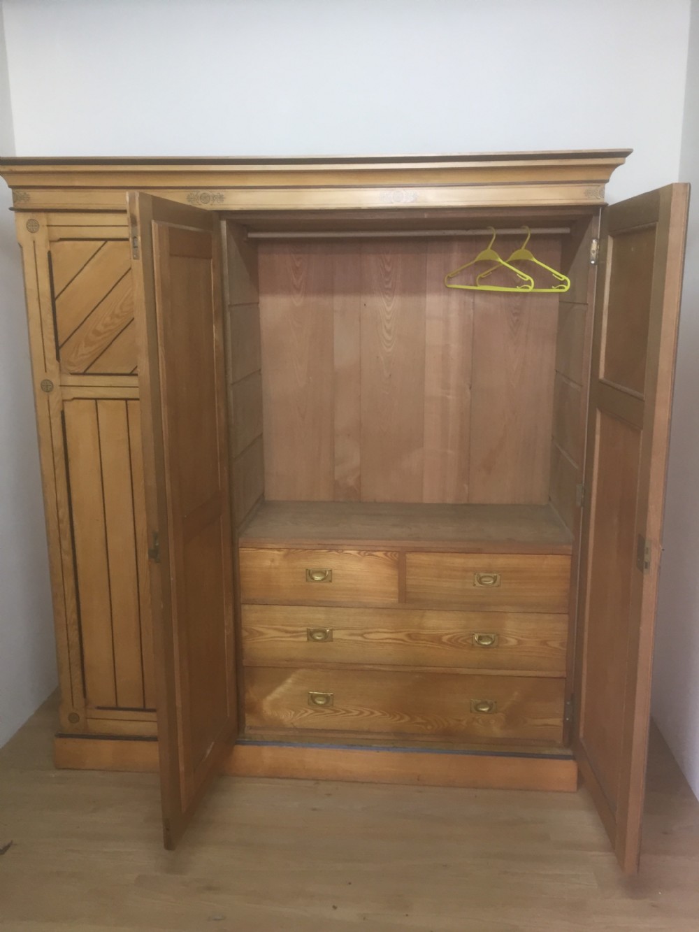 Victorian ash aesthetic movement three door compactum wardrobe  View IV