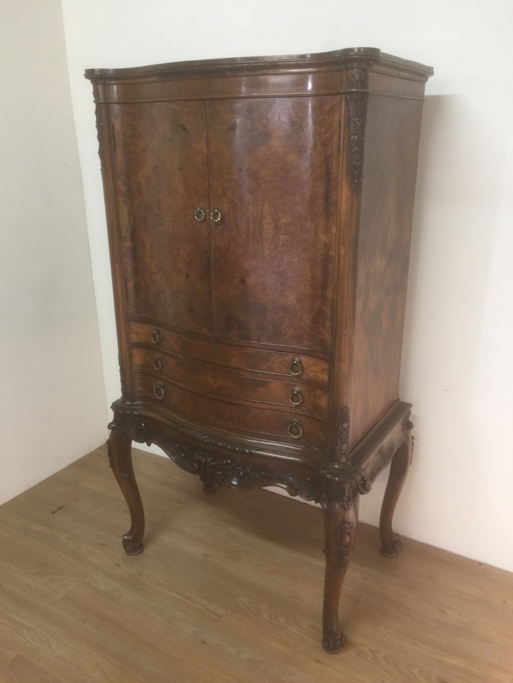 Burr walnut serpentine fronted carved cocktail cabinet  -superb quality
