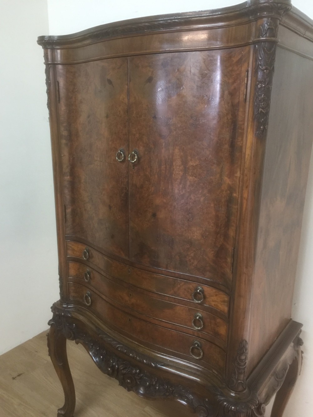 Burr walnut serpentine fronted carved cocktail cabinet  -superb quality View II