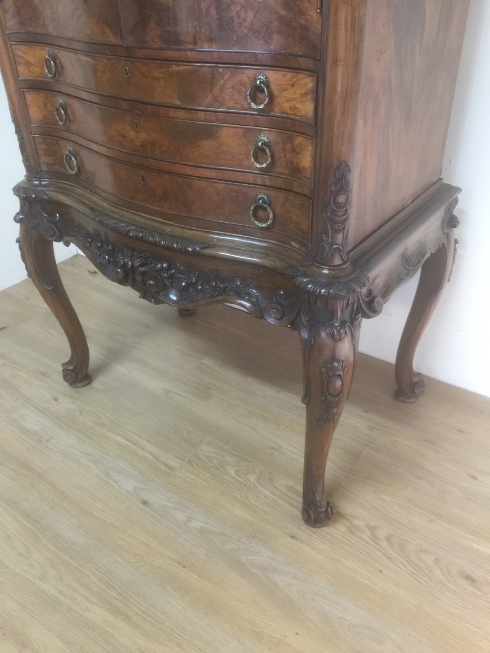 Burr walnut serpentine fronted carved cocktail cabinet  -superb quality View III