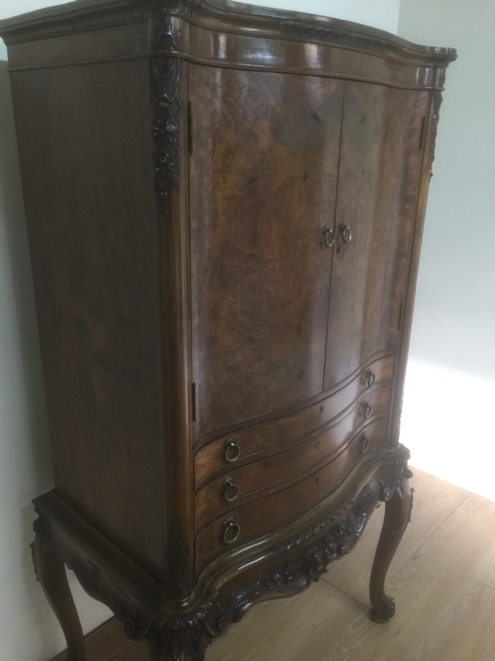 Burr walnut serpentine fronted carved cocktail cabinet  -superb quality View V