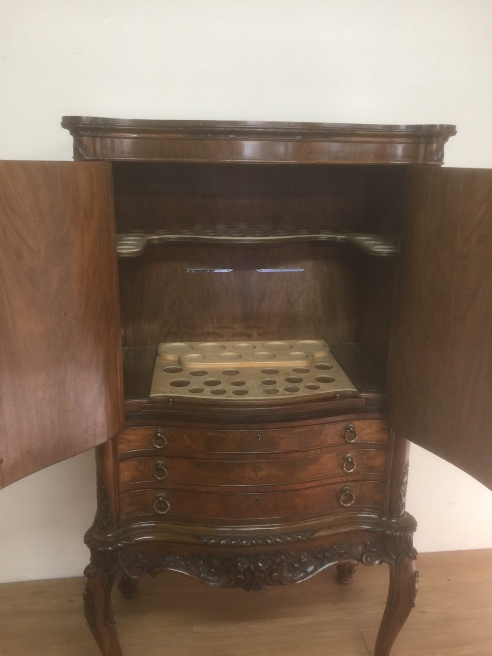 Burr walnut serpentine fronted carved cocktail cabinet  -superb quality View VI