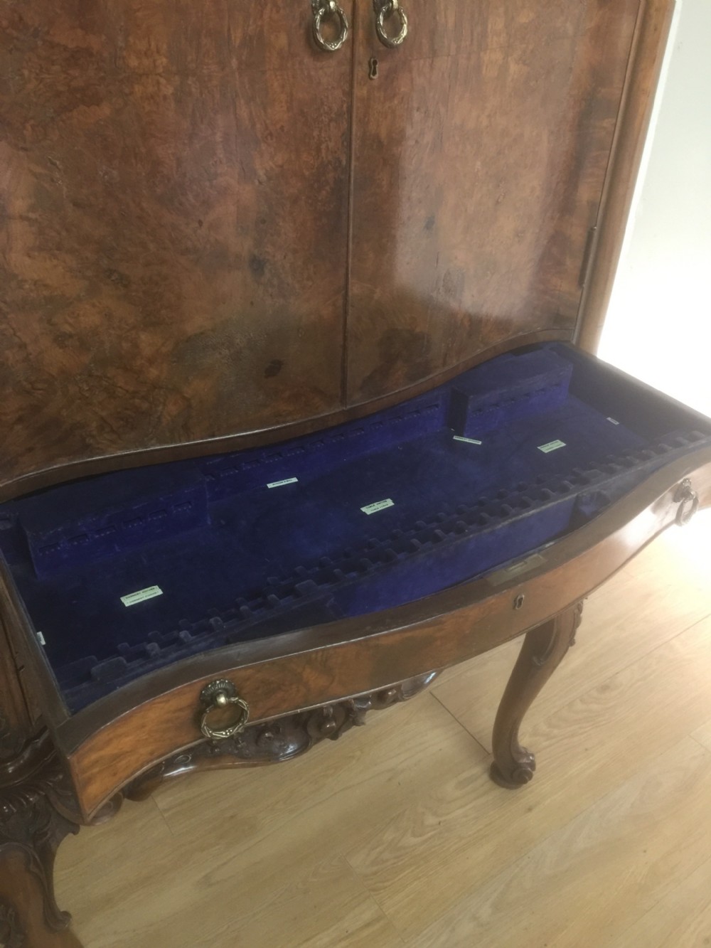 Burr walnut serpentine fronted carved cocktail cabinet  -superb quality View VII