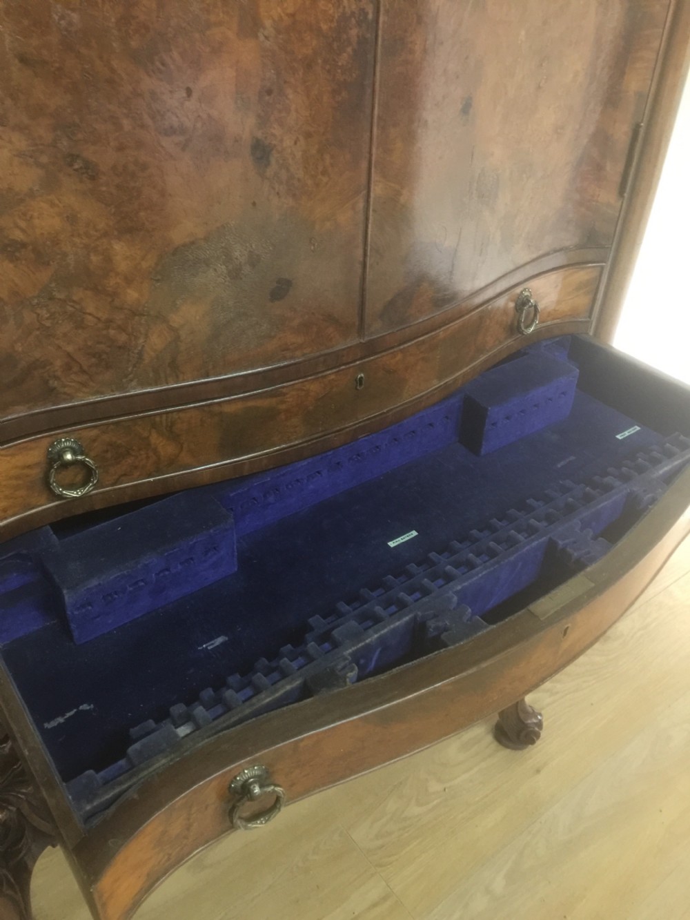 Burr walnut serpentine fronted carved cocktail cabinet  -superb quality View VIII